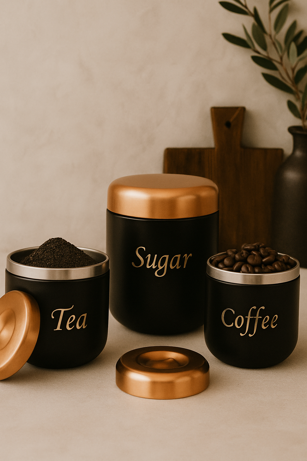 Stainless Steel Tea, Sugar, Coffee Container Set | Matte Black with Copper Lid | Airtight Kitchen Storage Jars – 500ml, 300ml, 200ml Capacity (Set of 3)