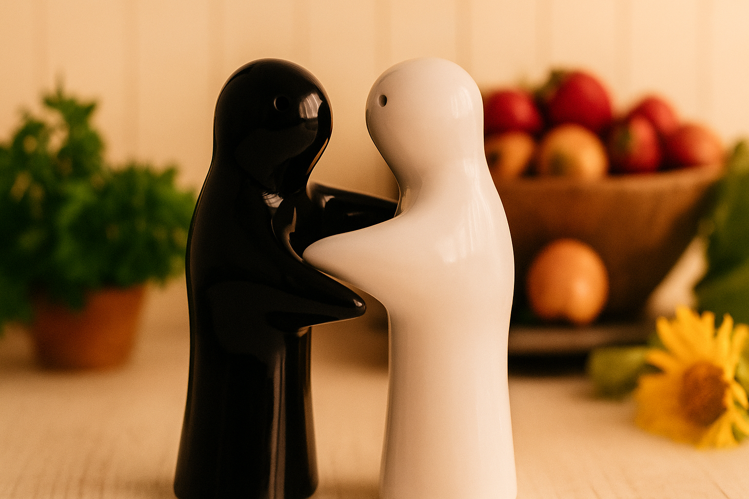 Ceramic Salt & Pepper Shaker Hugging Couple-Black & White