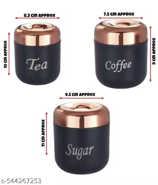 Stainless Steel Tea, Sugar, Coffee Container Set | Matte Black with Copper Lid | Airtight Kitchen Storage Jars – 500ml, 300ml, 200ml Capacity (Set of 3)