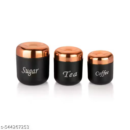Stainless Steel Tea, Sugar, Coffee Container Set | Matte Black with Copper Lid | Airtight Kitchen Storage Jars – 500ml, 300ml, 200ml Capacity (Set of 3)