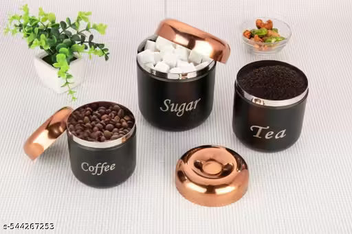 Stainless Steel Tea, Sugar, Coffee Container Set | Matte Black with Copper Lid | Airtight Kitchen Storage Jars – 500ml, 300ml, 200ml Capacity (Set of 3)